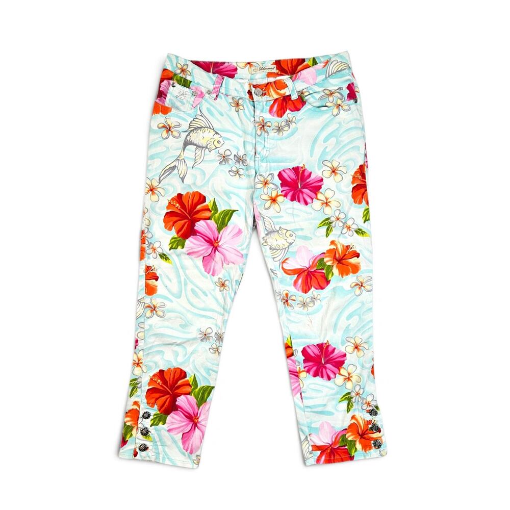 Vintage Blumarine Capri Jeans Hawaiian Hibiscus Koi Fish Print - Size IT 44 (M)